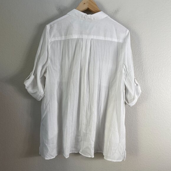 Coldwater Creek Womens Petite Large White Button Up Shirt Roll Tab Sleeve Pocket - Picture 11 of 11